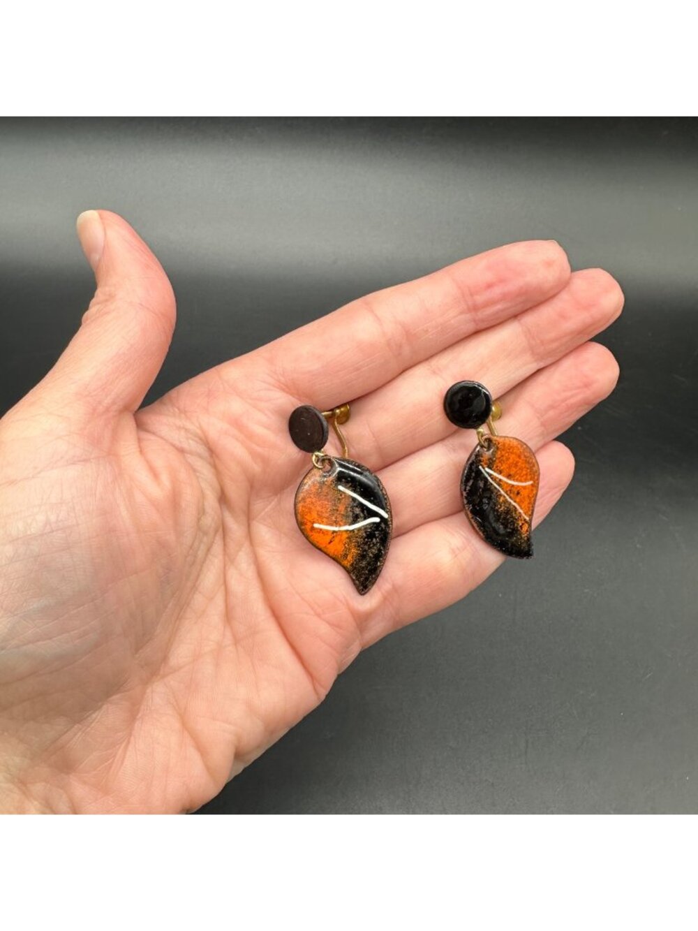 Vintage Enamel Earrings Autumn Leaf Screw Back Black Orange Dangle Halloween
